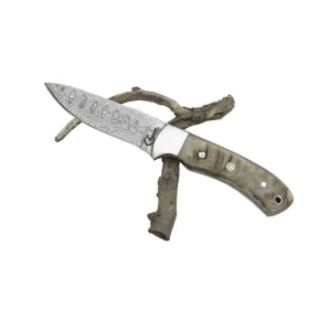 Damascus Steel Knife Olive Green Handle Gold Rivets